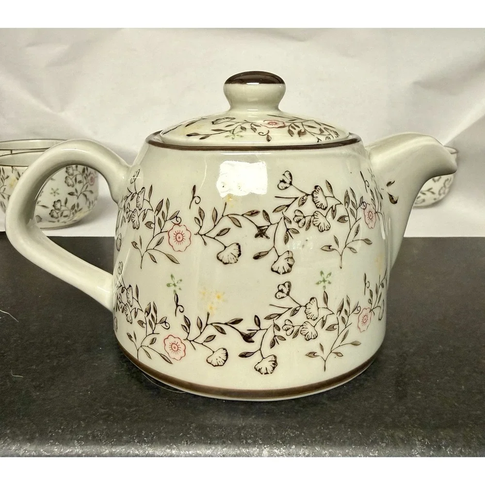 Pier 1 Import Tomoko Tea Set Teapot and 4 Cups Floral hand painted